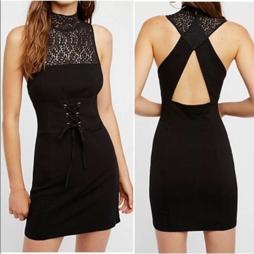NWT Free People High Society Lace Bodycon Dress Corset Front in Black, Size M